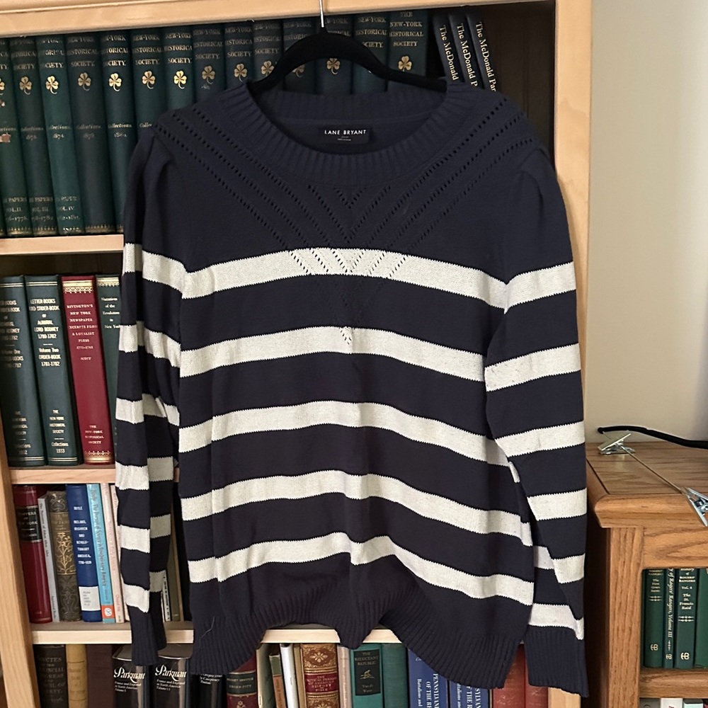 Lane Bryant Navy and White Striped Crewneck Sweater